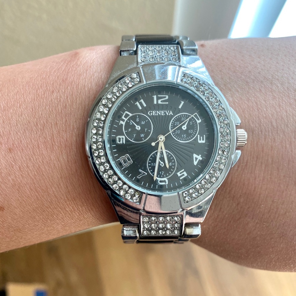 Geneva black & silver watch with rhinestones